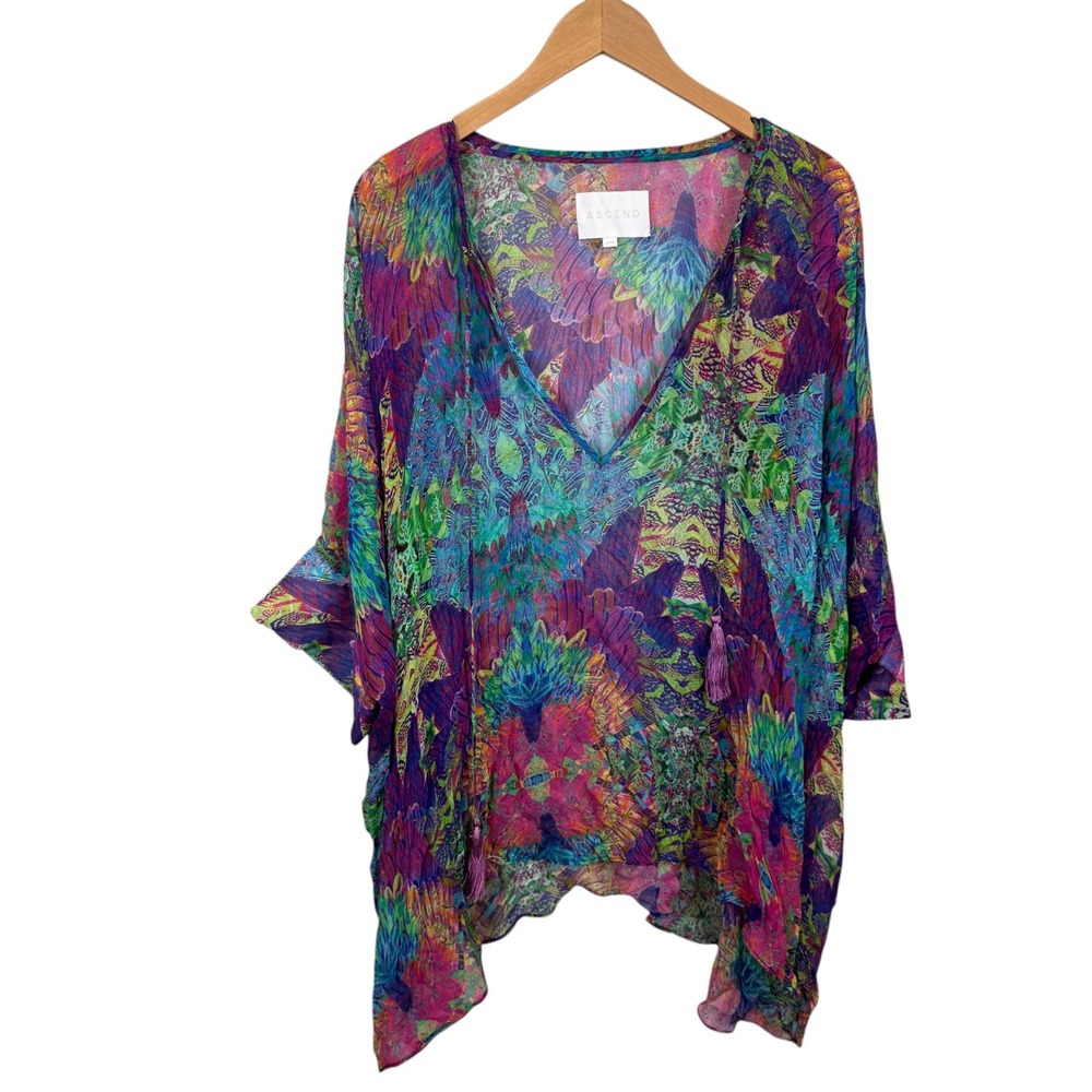 Asceno Cover Up Sheer Tunic Top Crepe 100%‎ Silk Blouse Poncho Colorful Size One
